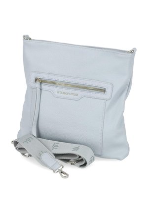 Sac bandoulière en cuir gris clair avec poche avant zippée, bandoulière en tissu amovible avec impression logo et quincaillerie métallique argentée.