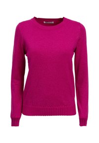 Fuchsia langærmet sweater lavet af blødt, tekstureret stof. Rund halsudskæring og ribbede kantdetaljer. Velegnet til afslappet brug.