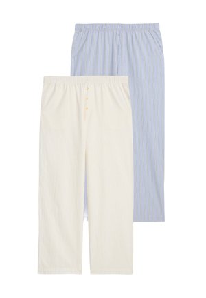 Cotton pajama pants set, one cream with light stripes, one blue with darker stripes, featuring an elastic waistband and button detail.