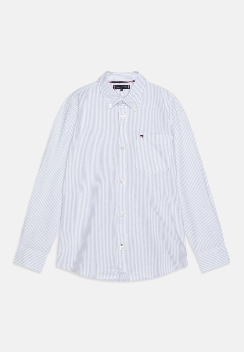 Lichtblauw gestreept button-up shirt met lange mouwen, een enkele borstzak en logo-detail. Katoenen stof met een soepele textuur.