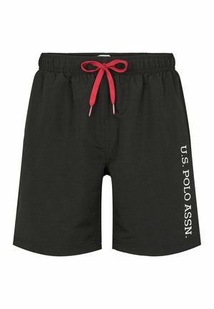 Black swim shorts with a red drawstring and white "U.S. POLO ASSN." text on the left side. Made of lightweight material.