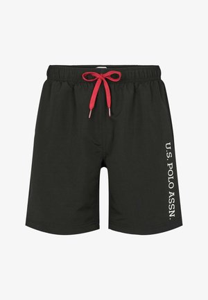Black swim shorts with a red drawstring and white "U.S. POLO ASSN." text on the left side. Made of lightweight material.