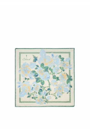 Kwadratowy kremowy szalik z zieloną obwódką i pastelowym niebiesko-żółtym kwiatowym wzorem, podpisany "Ochnik" w lewym górnym rogu.