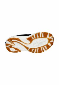 Die Schuhsohle verfügt über ein Wellenmuster mit einem weißen Grund, orangen Traktionspolstern und Rillen für Flexibilität und Grip. Robustes Gummimaterial.