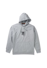 Sweat à capuche gris clair avec poche kangourou à l'avant et écusson logo Timberland sur la poitrine. Cordon de serrage à la capuche.