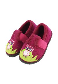 Bordaux-farbene Filzpantoffeln mit einem gestickten Eulenmotiv und grünen Akzenten. Elastischer Riemen für einen sicheren Sitz, schwarze strukturierte Sohle.