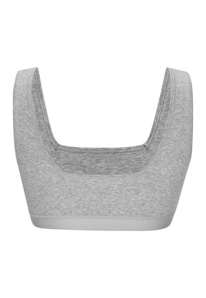 Gray athletic bralette with a wide, squared neckline and thick straps. Features a smooth, soft texture and a fitted, minimalist design.