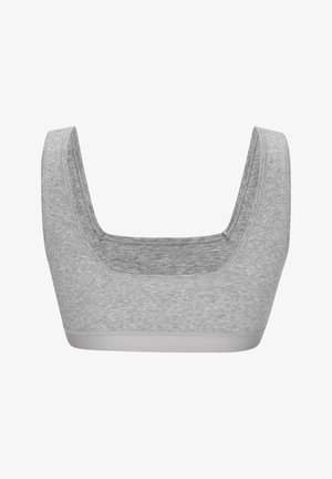 Gray athletic bralette with a wide, squared neckline and thick straps. Features a smooth, soft texture and a fitted, minimalist design.