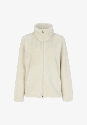 Fleece-Reißverschlussjacke in Cremefarbe mit hohem Kragen, langen Ärmeln und einer weichen, strukturierten Oberfläche. Keine sichtbaren Verschlüsse oder Muster.