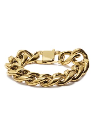 Kraftigt, poleret guldkædearmbånd med store sammenkædede led og en sikker rektangulær lås, vist på en hvid baggrund.