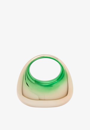 Gennemsigtig grøn og cremet keramisk vase med oval form og cirkulær åbning. Glat tekstur med en gradientfarveovergang.