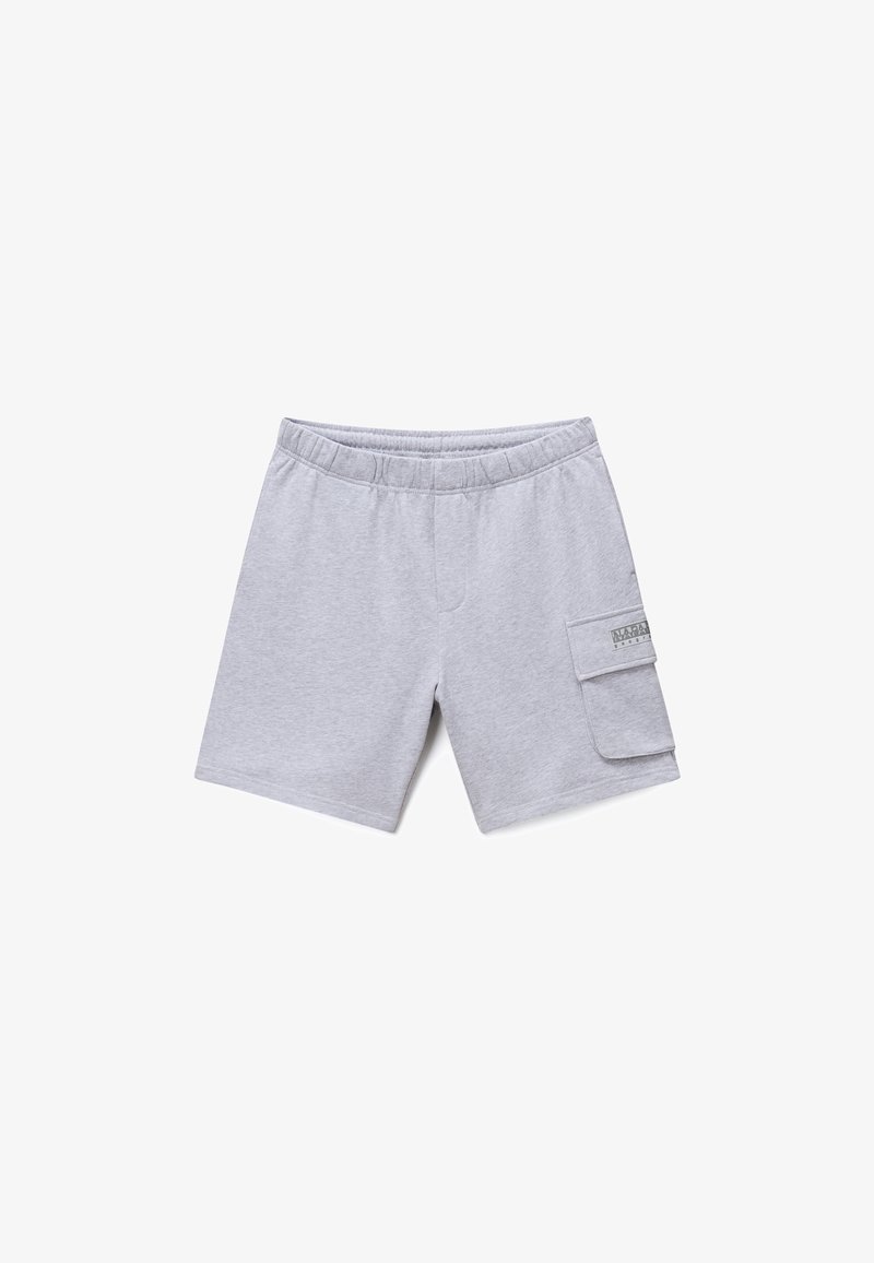 Γκρι βαμβακερά σορτς με ελαστική μέση, πλαϊνές τσέπες και μια τσέπη καρότσας στο δεξί πόδι με λεπτομέρεια ετικέτας.