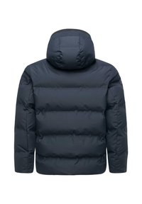 Giacca imbottita blu navy con cappuccio, caratterizzata da sezioni trapuntate e una texture liscia. Senza marchi visibili, progettata per calore e comfort.
