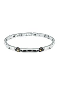 Bracciale in metallo argentato con maglie rettangolari, caratterizzato da accenti neri ed elementi di design geometrici. Dettaglio del logo dorato di rilievo.