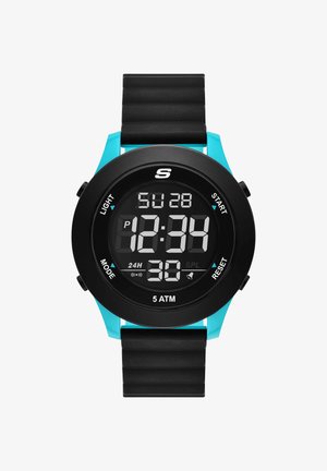 Montre digitale avec cadran circulaire noir et cadre bleu sarcelle, affichant l'heure, la date, les boutons de mode et une résistance à l'eau de 5 ATM.