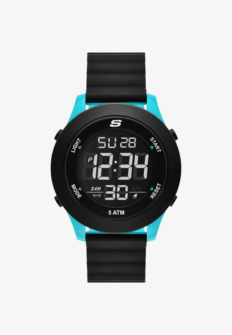 Digital wristwatch with black circular face and teal frame, displaying time, date, mode buttons, and water resistance of 5 ATM.