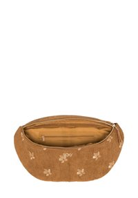 Brauner Kordsamt-Beutel mit floralem Stickdesign und Reißverschluss. Das Innere verfügt über eine separate Reißverschlusstasche. Weiche Textur und runde Form.