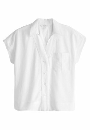 White short-sleeve shirt made of lightweight fabric, featuring a buttoned front, spread collar, and a single chest pocket.