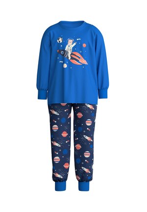 Blaues Baumwollsatz für Pyjamas mit einer Grafik eines Astronauten auf einer Rakete. Die Hose hat ein Weltraumthema mit Planeten und Raketen auf einem navyblauen Hintergrund.
