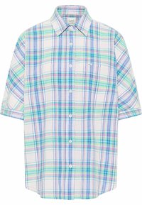 Camicia a maniche corte in cotone a quadri, con una combinazione di strisce verdi, blu, rosa e bianche, colletto con bottoni e una singola tasca sul petto.