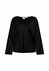 Sort satin top med bred rund halsudskæring, trekvart ærmer og en lidt løs pasform. Glat tekstur med minimal detaljering.