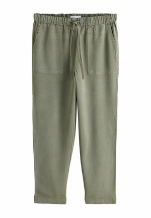 Olive green, mid-rise pants with an elastic waistband, adjustable drawstring, and two front pockets. Made from a soft, lightweight fabric.