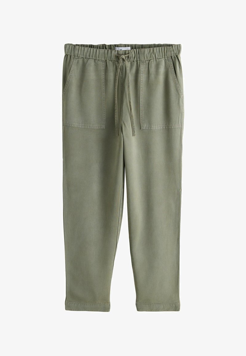 Olívazöld, középmagas derekú nadrág gumis derékrésszel, állítható húzózsinórral és két első zsebbel. Puha, könnyű anyagból készült.