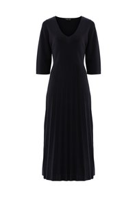 Schwarzes V-Ausschnittkleid mit kurzen Ärmeln, das einen taillierten Oberteil und einen Faltenrock mit vertikalen Streifen aufweist, gefertigt aus einem glatten Strickstoff.