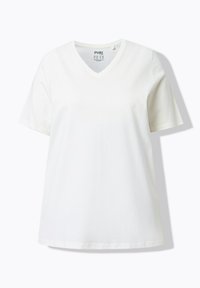 Valkoinen lyhythihainen V-kaula-aukkoinen T-paita, rento istuvuus, yksivärinen etuosa ja hienovarainen varjo neutraalilla taustalla.