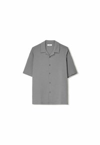 Kurzärmliges Hemd mit Knöpfen aus strukturiertem grauem Stoff. Verfügt über einen Reverskragen und sechs Knöpfe auf der Vorderseite.