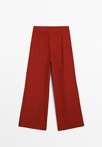 Wide-leg trousers in a deep red hue, featuring an elastic waistband and a smooth, textured fabric, cut for a relaxed fit.