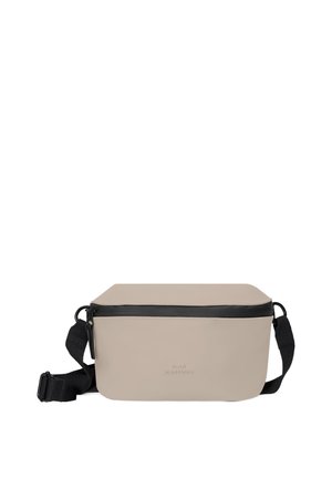 Rectangular beige crossbody bag with black zipper and adjustable black strap, minimal design, small embossed logo on front center.