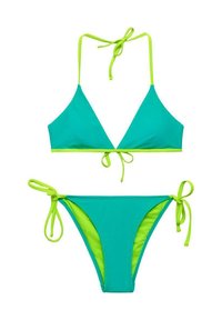 Turkizni bikini set z trikotažno braletko in hlačkami s stranskimi zavezovanji. Ima limonasto zeleno obrobo na robovih in zavezuvanju. Narejen je iz gladkega materiala.