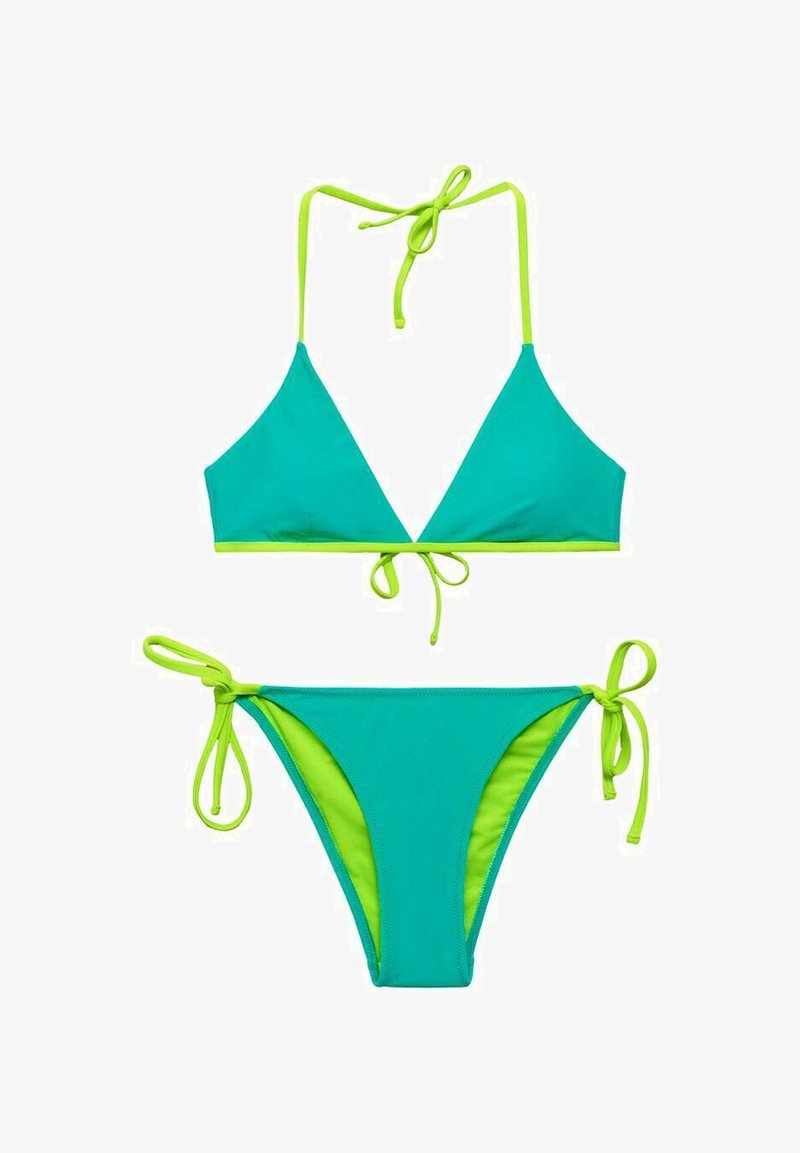 Turquoise bikini set with triangular bralette and side-tie bottoms. Features lime green accents on edges and ties. Made of smooth fabric.