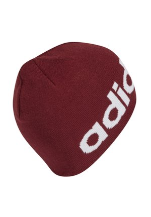 Berretto lavorato a maglia color granata con testo del logo Adidas bianco parzialmente visibile di lato, mostrato su sfondo bianco.