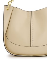 Beige leather shoulder bag with a smooth texture, curved shape, contrasting black stitching, and subtle logo embossed near the bottom.