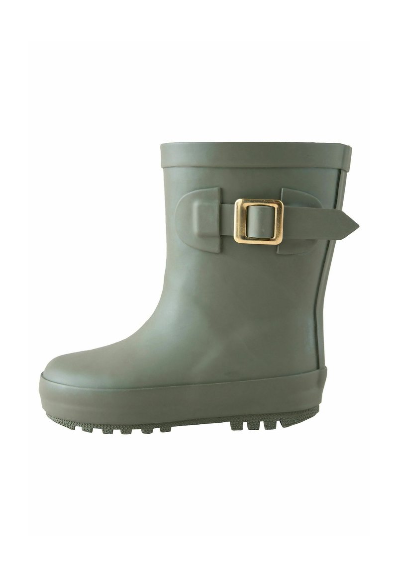 Stivale da pioggia verde in gomma con suola texture, punta arrotondata, dettaglio con fibbia laterale e finitura liscia. Progettato per essere resistente all'acqua.