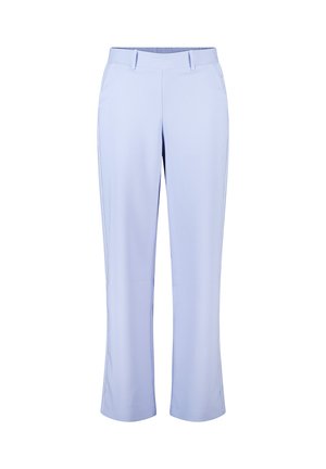 Pantalon bleu clair droit, ajusté, avec passants de ceinture et poches latérales, présenté sur un fond blanc.
