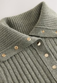 Hellgrüner, gerippter Pullover mit weitem Kragen und goldfarbenen Druckknöpfen. Die Textur ist weich und hat ein leicht flauschiges Aussehen.