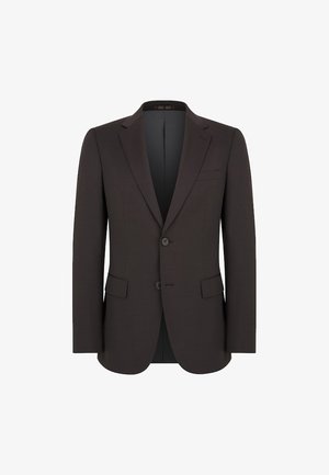 Brązowa marynarka z zapięciem na dwa guziki, klapami i dwoma przednimi kieszeniami. Wykonana z teksturowanej tkaniny o dopasowanym kroju.