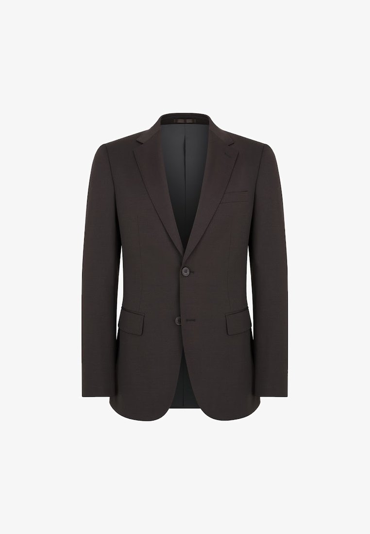 Brązowa marynarka z zapięciem na dwa guziki, klapami i dwoma przednimi kieszeniami. Wykonana z teksturowanej tkaniny o dopasowanym kroju.