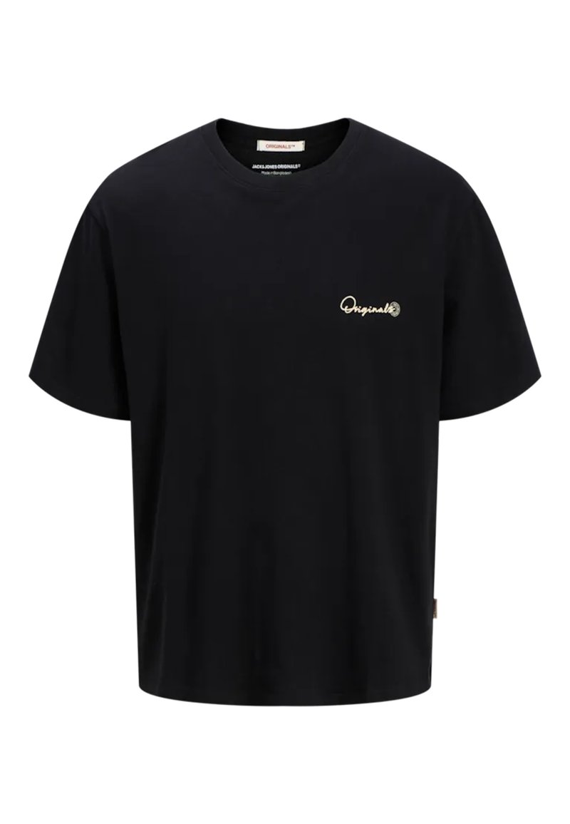 Camiseta de algodón negra con cuello redondo y mangas cortas. Presenta un pequeño logo dorado de "Originals" en el lado izquierdo del pecho. Corte regular.