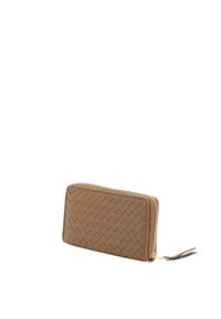 Brown woven leather wallet with zipper closure, featuring a textured pattern and a gold-tone zipper pull accent.