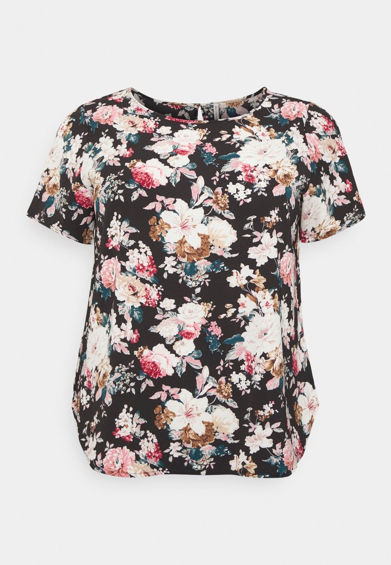 T-shirt floreale in tessuto nero con fiori rosa, bianchi e marroni. Maniche corte, scollatura rotonda e vestibilità morbida. Design semplice.