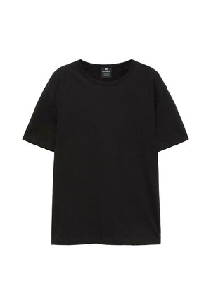 T-shirt noir uni à manches courtes avec col rond et ourlet droit, présenté à plat sur un fond blanc.