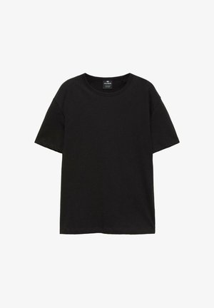 Enkelt sort t-shirt med korte ærmer og rund halsudskæring, med lige kant, vist fladt på en hvid baggrund.