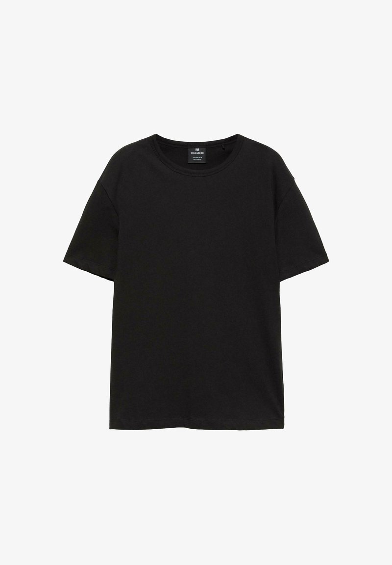 T-shirt noir uni à manches courtes avec col rond et ourlet droit, présenté à plat sur un fond blanc.