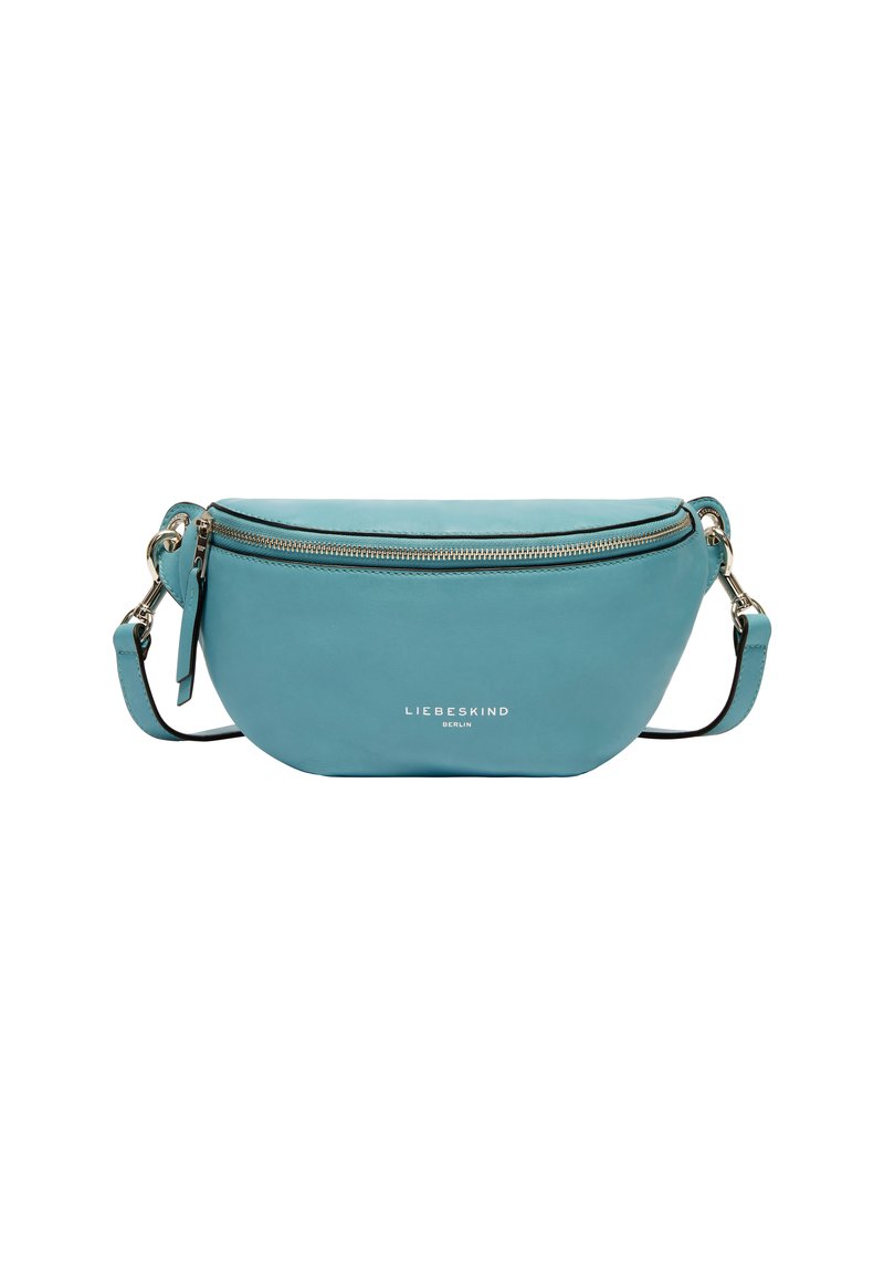 Borsa a vita in pelle turchese con zip argentata, tracolla regolabile e logo "Liebeskind Berlin" al centro anteriore.