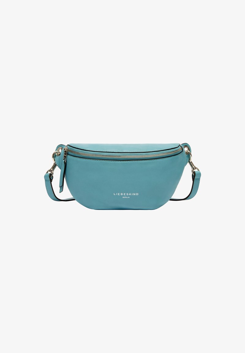 Borsa a vita in pelle turchese con zip argentata, tracolla regolabile e logo "Liebeskind Berlin" al centro anteriore.