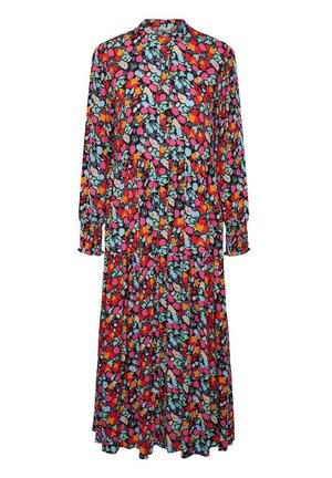 Robe fleurie avec un motif multicolore sur fond noir, manches longues, col et jupe à volants.